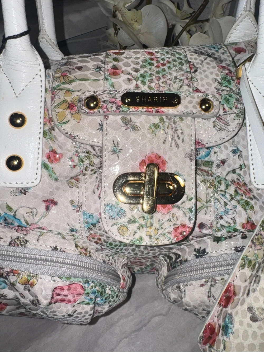 NWT Sharif Shimmer Floral Print Shoulder Bag Gold Tone Hardware & Removal Pouch